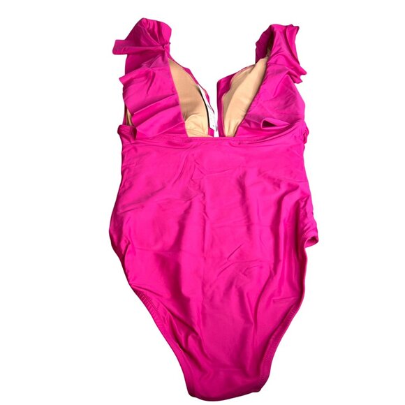 J Crew Ruched One Piece Swimsuit Ruffle V Neck Radiant Fuschia Pink Deep V NWT‎ - Picture 7 of 13